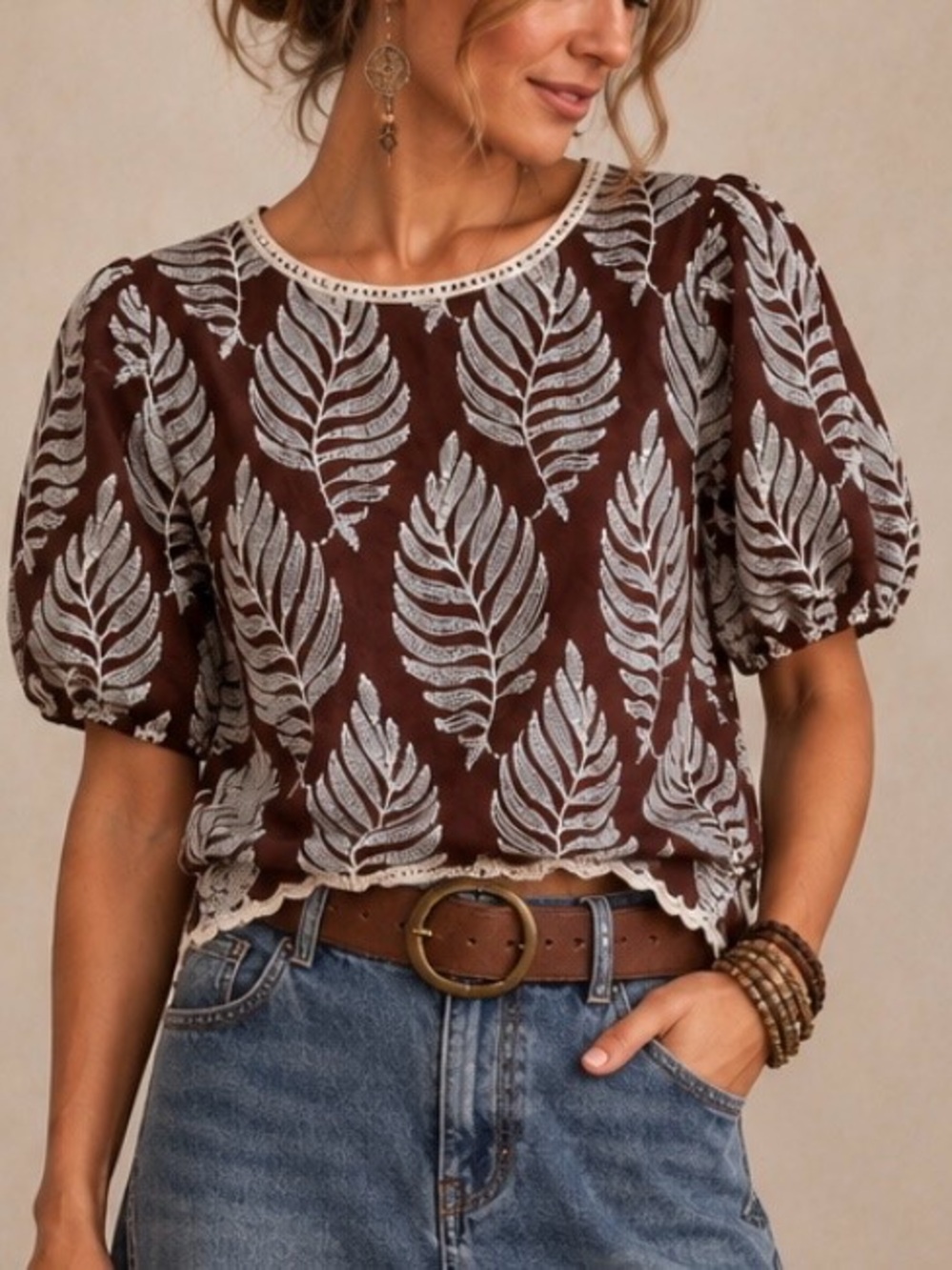 Solitaire Embroidered Boho Peasant Blouse Puff Sleeve Brown Ivory Women Size L